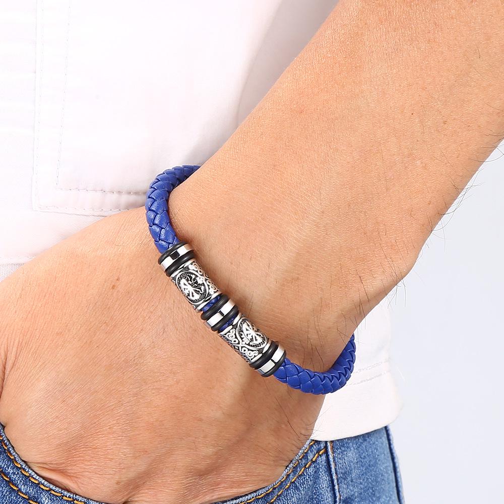Trendy European-American Woven Leather & Stainless Steel Bracelet