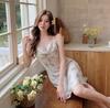 Sexy Pajamas Women's Summer French Swing Neck Suspender Skirt Korean Printing Imitation Silk Vacation Skirt Ice and Snow Silk Nightdress