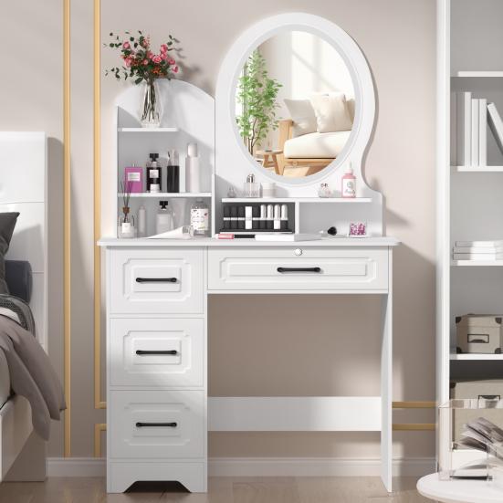Makeup Desk with Mirror, Large Vanity Desk with Storage Shelves, 4 Drawers, Makeup Vanity Table with Light, Bedroom Dressing Table