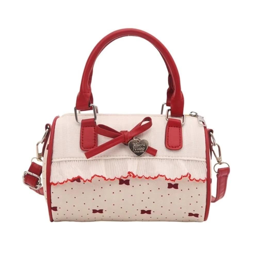PU Leather Lolita Crossbody Bag Dot Pattern Sweet Bow Single Shoulder Tote Ruffle Design Pillow Shape Sweet Bow Bag for Women