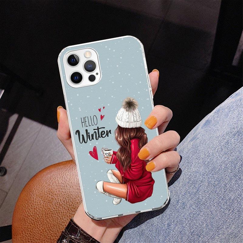 Christmas Art Girls Coffee Phone Case For iPhone 17 Air 16 Pro Max 16E 15 + 14 Plus 11 12 13 Mini 7 8 SE Gift Print Cover Fundas