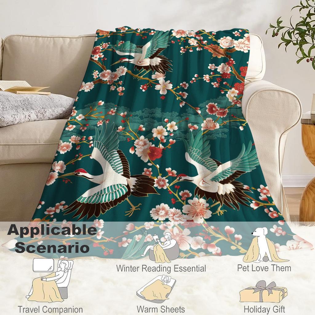 Japanese Crane & Floral Print Throw Blanket - Vintage Japandi Pattern Soft Lightweight Accent for Sofa Bed Travel Office