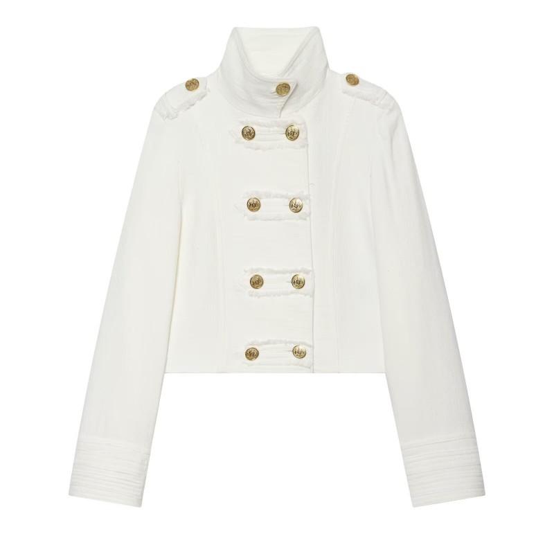 Womens Double-Breasted Short Blazer High Neck Slim Fit Long Sleeve Jacket