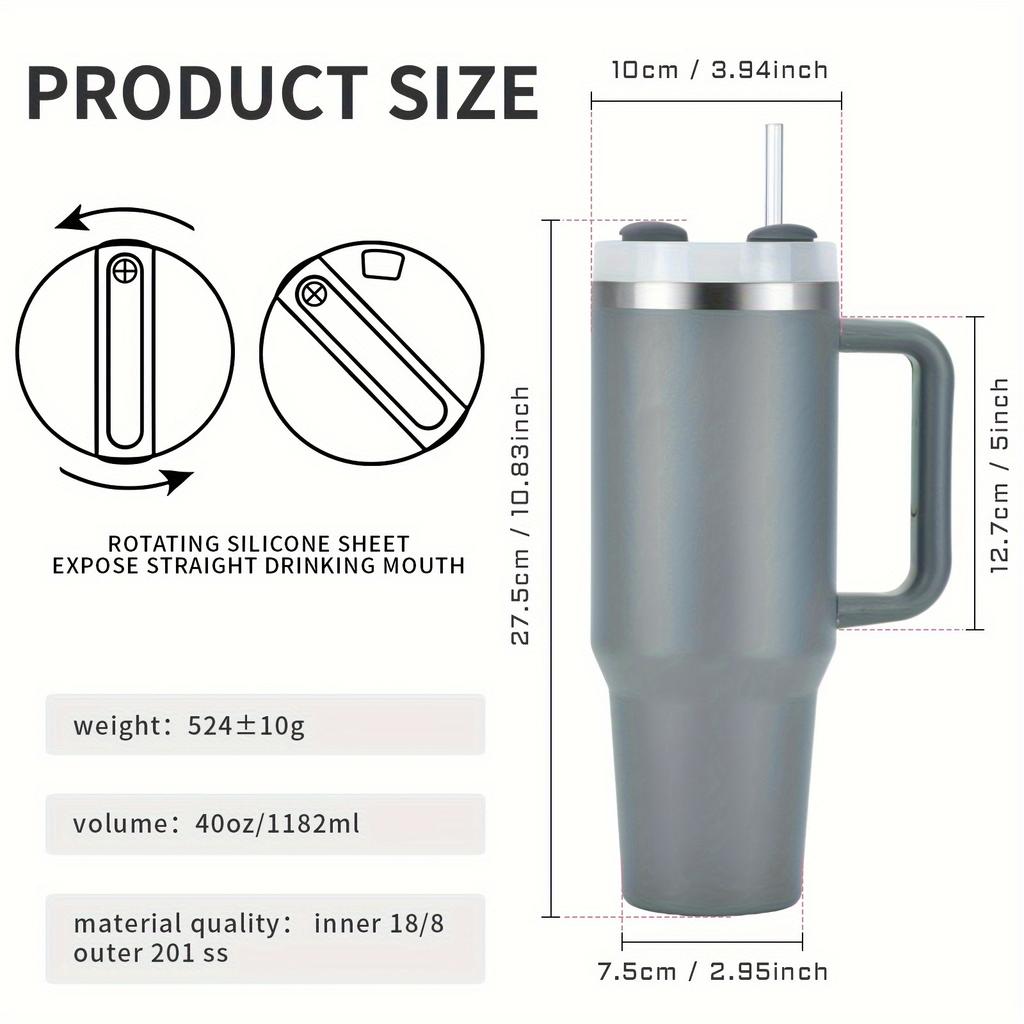 40oz Stainless Steel Car Cup Large Capacity Water Cup with Handle and Straw Double-walled Insulated Travel Mug Holiday Gifts