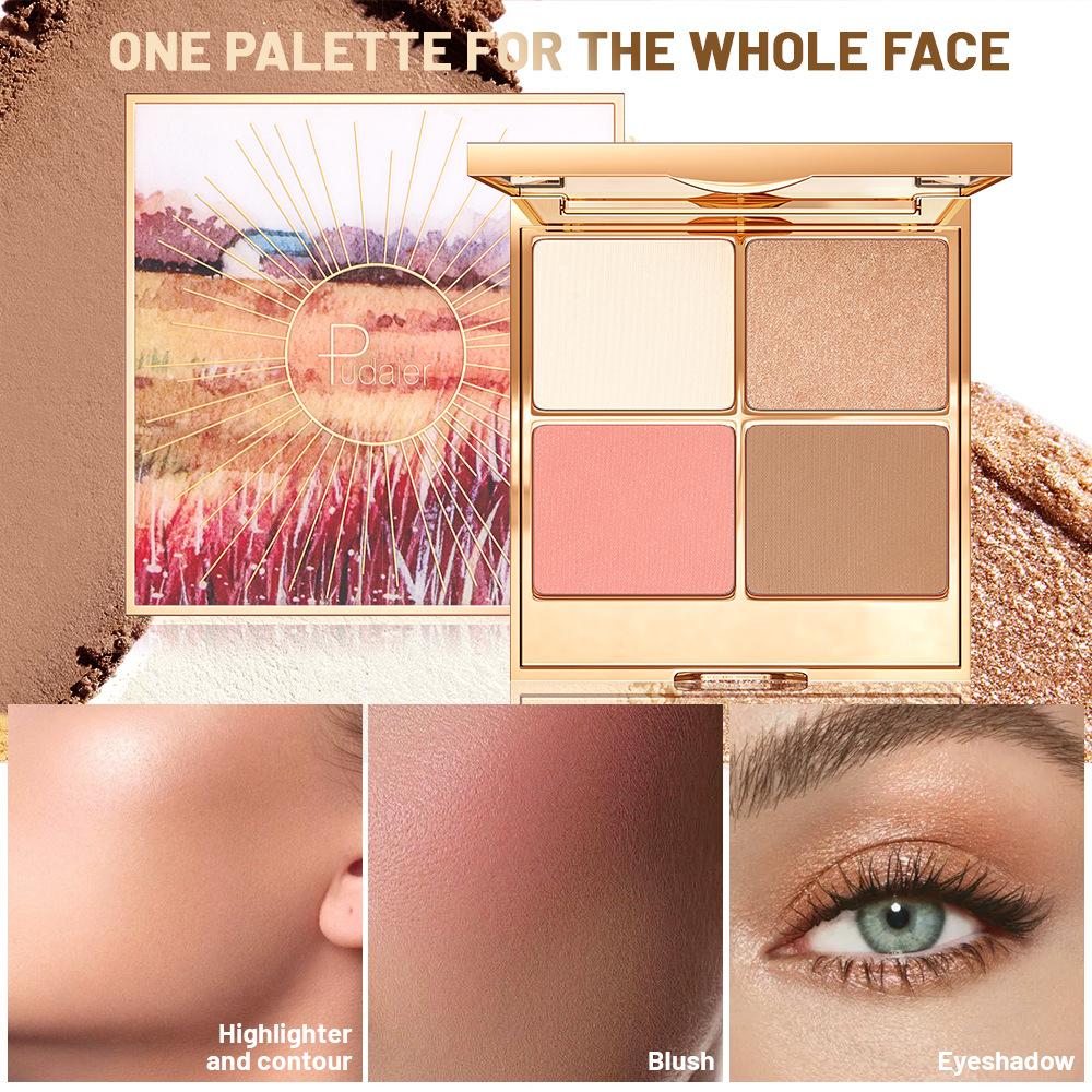 Four-in-one Multi-functional Facial Palette Pearlescent Matte Highlight Blush Concise Tray Waterproof Velvet Eye Shadow Palette