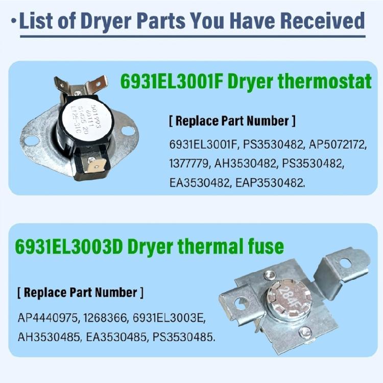 Professional Dryer Thermal Cut Off Fuse Kit 6931EL3001F High Limit Thermostat and Thermal Fuse Electric Dryer Fuse Part