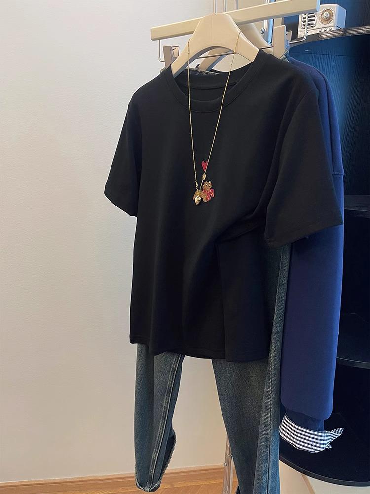 

Women s Black Embroidered Puppy Loose Half Sleeve T-shirt (2025 Spring) M