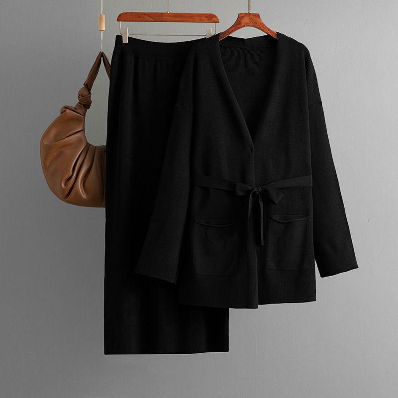 Fashion Set Women Autumn and Winter V-neck Loose Knitted Lace-up Cardigan Outerwear + Skirt Two-piece Set