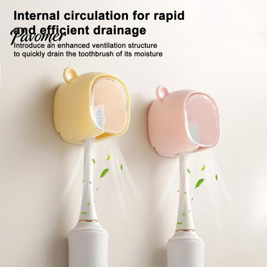 Waterproof Brush Holder Cute Bear Wall Mounted Toothbrush with Dustproof Flip Cover, Single Bathroom Decor Dispenser Storage Organizer, Drill-free