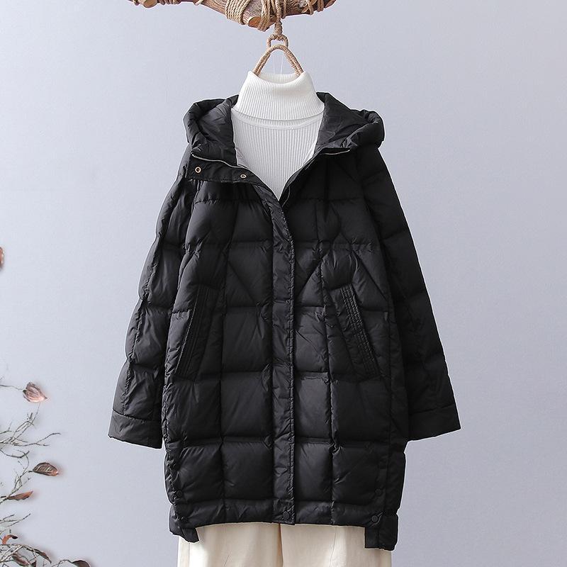 Fashion winter medium and long white duck down jacket women's fashion foreign style thick pressure glue hooded down warm jacket