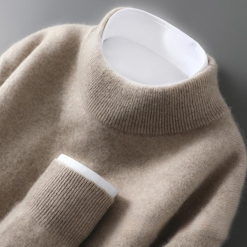Men's Pure Wool Cashmere Knit Pullover - Autumn/Winter Half-High Neck Sweater