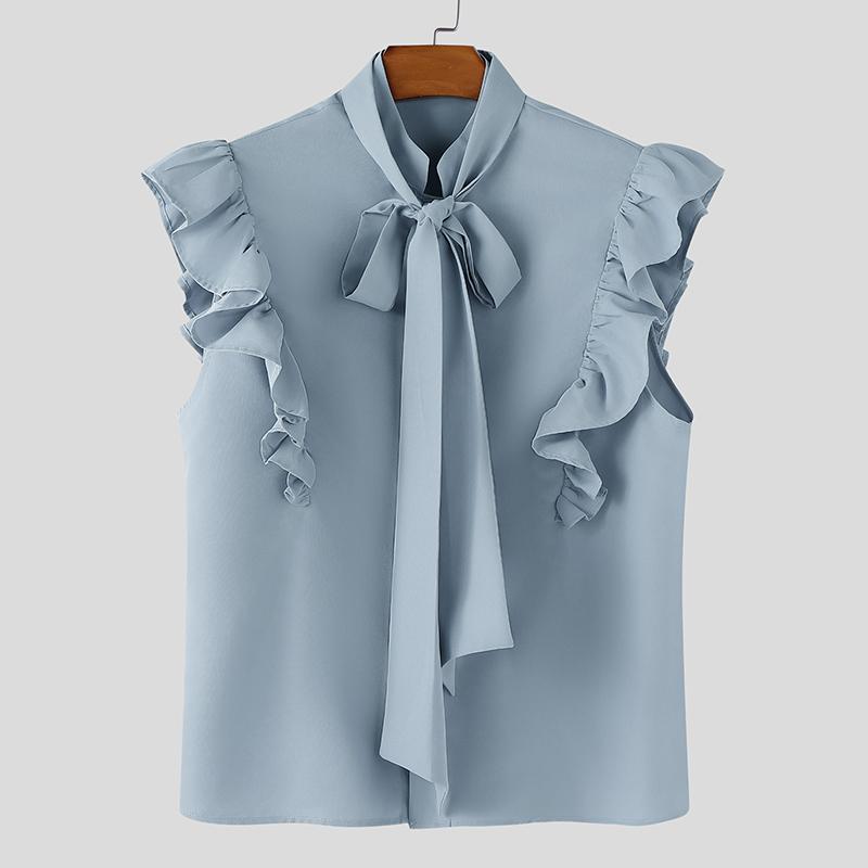 

INCERUN Summer Men Bow Tie Up Sleeveless Ruffled Buttons Casual Tank Tops 3XL