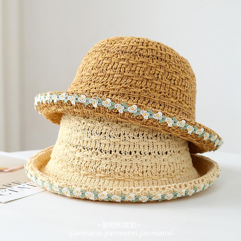 Summer Knitted Brim Bucket Hat Lace Hat Women Breathable Mesh Beach Straw Sun Hat Outdoor Wide Brim Visor Cap