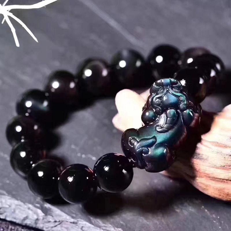 

Natural Iridescent Black Obsidian Pixiu Bracelet New single-loop bracelet for men and women, auspicious gift accessory 8mm Pixiu bracelet