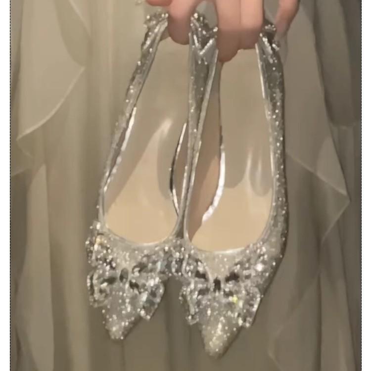 

Французские туфли-лодочки на толстом каблуке с острым носком и стразами, женские туфли 2025 года, свадебные туфли 34 серебряный