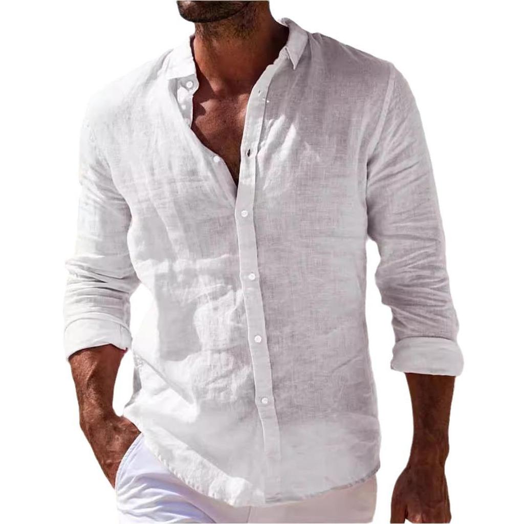 Herren Alltags Langarm Button-Down Hemd - Lässige Baumwolle Leinen, Unifarbe, Frühling/Sommer Stil, Umlegekragen