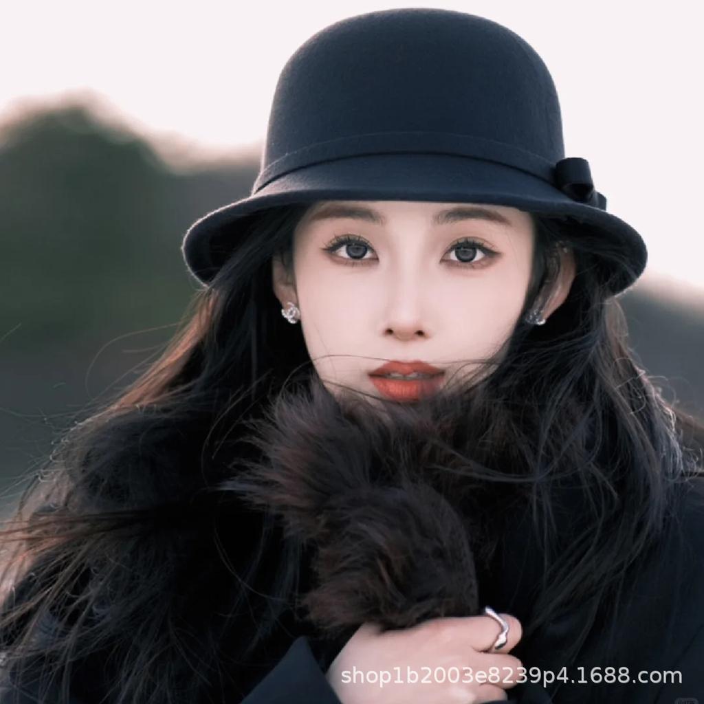 Temperament: woolen bow pot hat for women, winter versatile elegant warm bucket hat, Hepburn-style French daughter topper