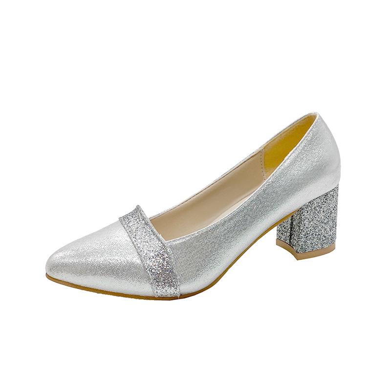 

2025 Spring Women s High Heels: Pointed Toe Chunky Heel Slip-On Shoes with Rhinestones, Large Sizes Available 37 серебряный