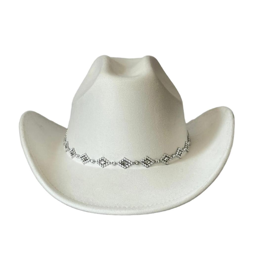 Rhombus Rhinestone Suede Cowboy Hat - Upturned Brim, Fluffy Design, Perfect for Parties or Gifts