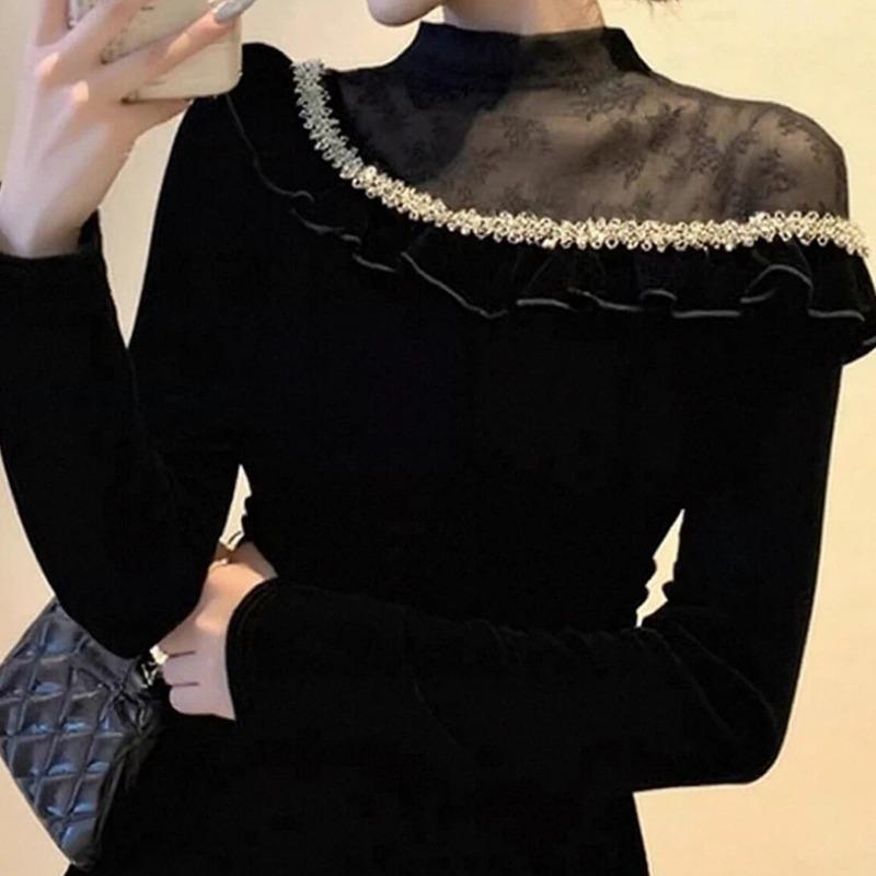 Black Spliced Velvet Bottoming Shirt For Women Fall Winter Elegant Long Sleeve Inner Top