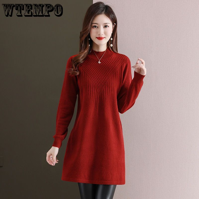 Turtleneck Knitted Dress for Women Loose Mid-length Sweater Dress Solid-color Casual Pullover Autumn and Winter
