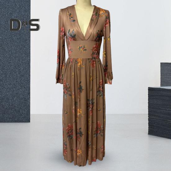 Spring Fall Dress V Neck Digital Floral Print Pleated A-line Maxi Dress Long Sleeves Beach Dress for Party Travel