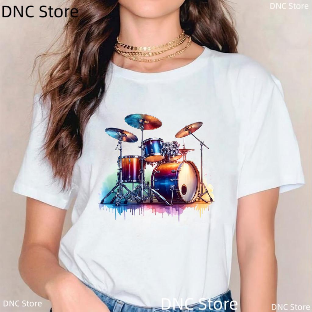 New Women'S Clothing T-Shirt Music Drum Set Graphic Print Female T Shirt Fashion Music Enthusiast Tshirt Creative Birthday Gift