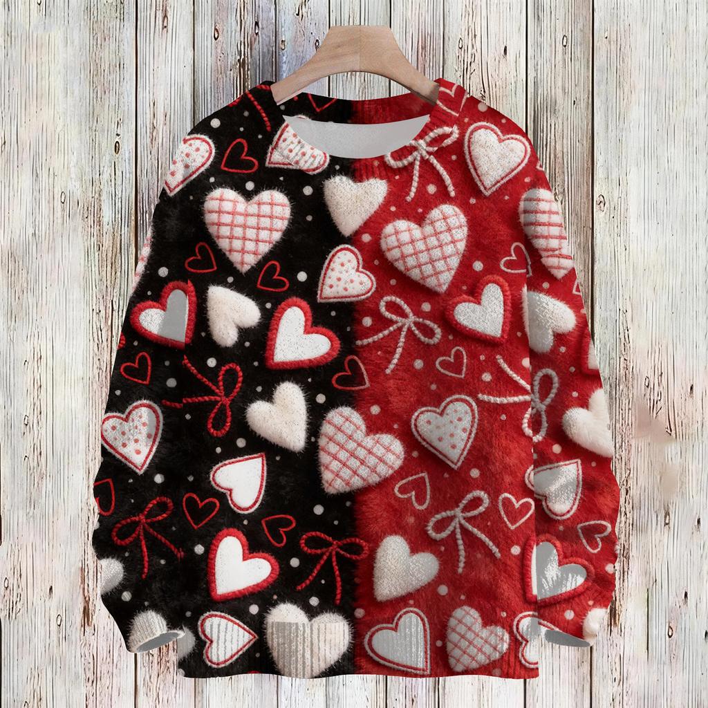 Women's Fashion Casual Long,Sleeve Valentine's Day Round,Neck Knit Pullover Top