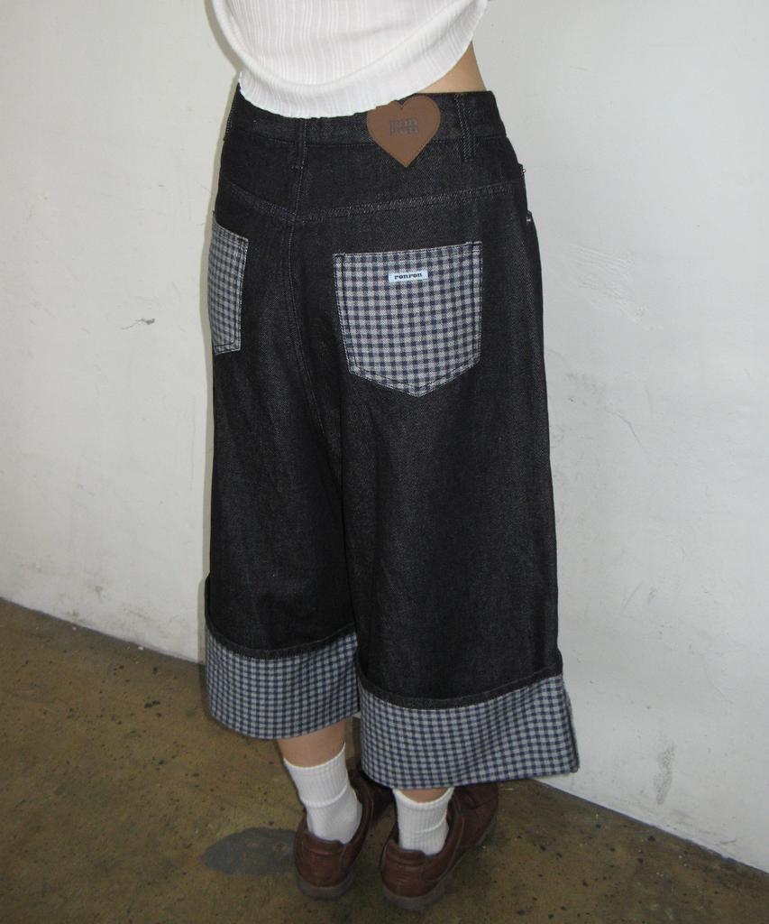 RONRON Check Combi Bermuda Denim Pants Indigo Blue