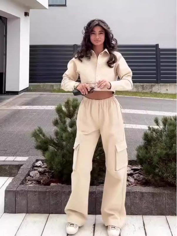 2024 Herbst Europäisch & Amerikanisch Einfarbig Revers Crop Top und High Waist Weitbein Hose Set für Damen