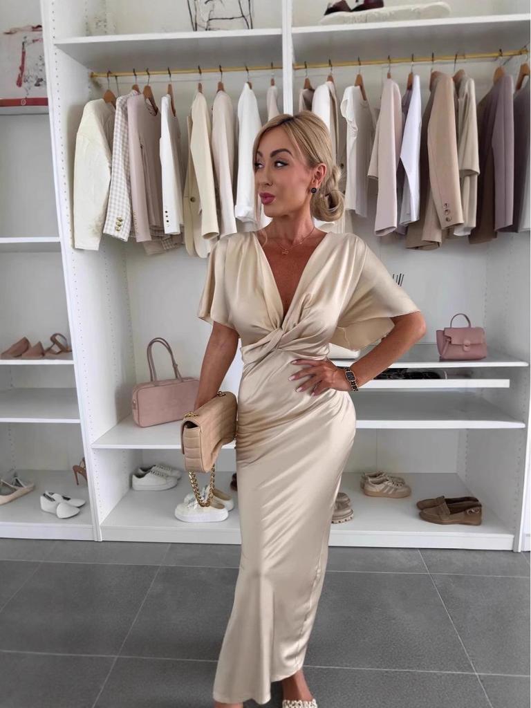 2025 Spring/Summer Satin Twist Bust Batwing Sleeve Dress for Women