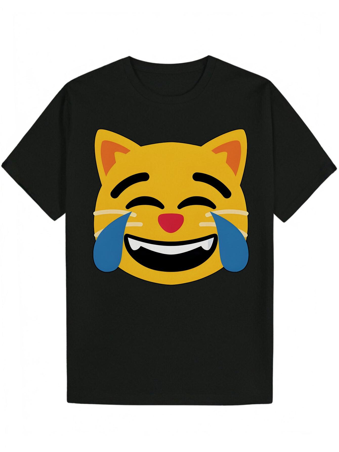 Crew Neck Polyester T-shirt with Playful Cat Face Graphic - Vibrant Yellow XXL