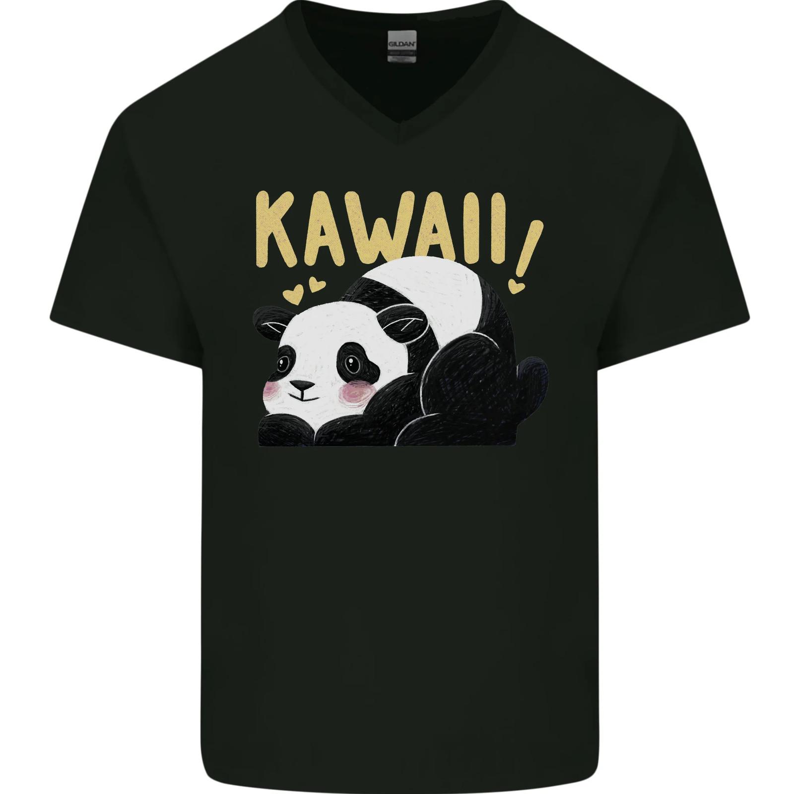 Kawaii Panda Bear Cute Mens VNeck Cotton T-shirt L