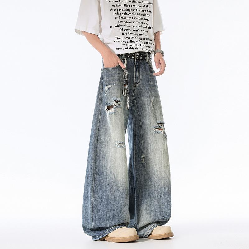 American Retro Scimitar Jeans Summer Ripped Loose Wide-leg Pants Washed Cat Beard Thin Mopping Pants Long Pants