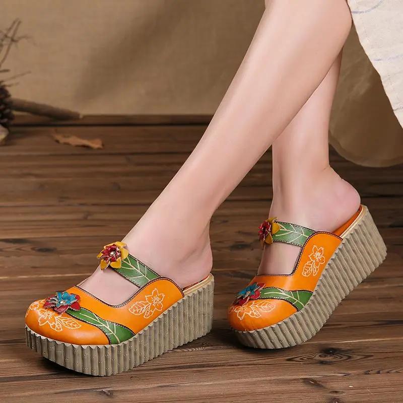 Fashion GKTINOO 2025 Summer Shoes Women Wedge Slides Cover Toes Handmade Flower Thick Heels Genuine Leather Lady Platform Slippers