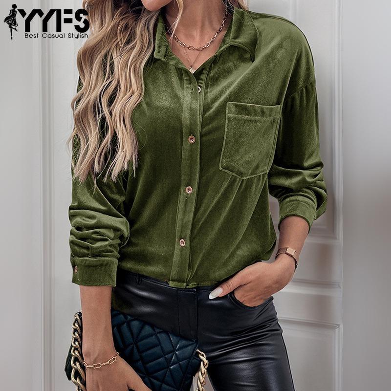 YYFS Damenmode, lässig, Frühling und Herbst, einfarbig, langärmelig, Polo-Ausschnitt, Blusen und Hemden