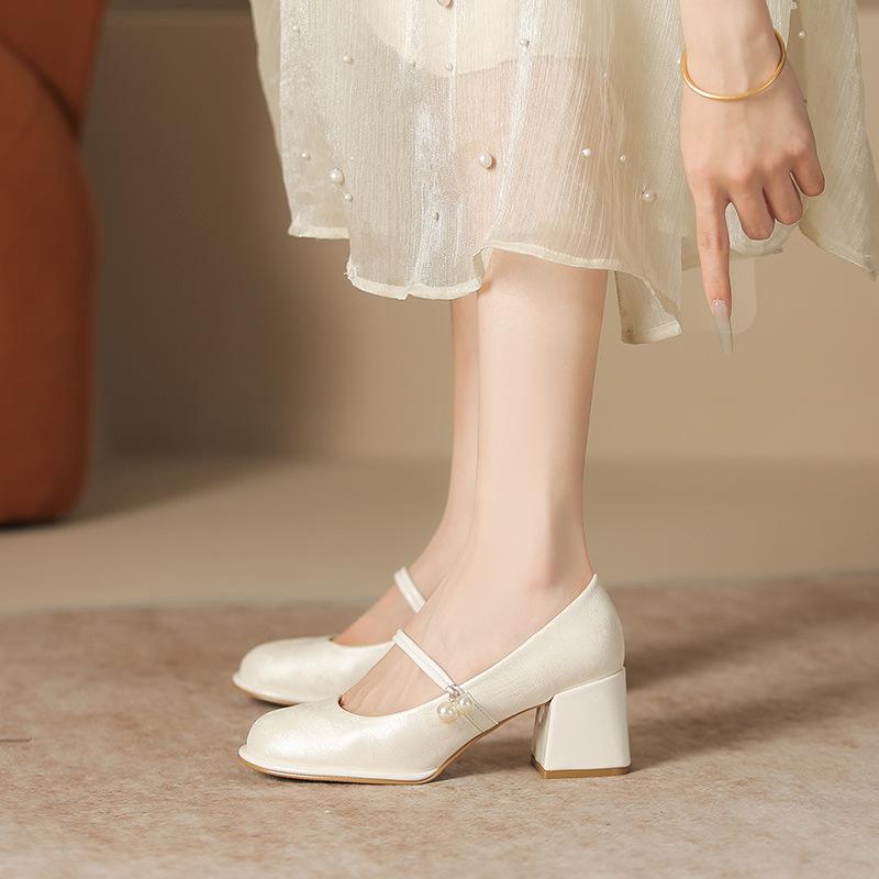 Coarse Heel Mary Jane Single Shoes Women's Round Head Pearl Single Shoes Student Light Mouth Pink Women's Shoes