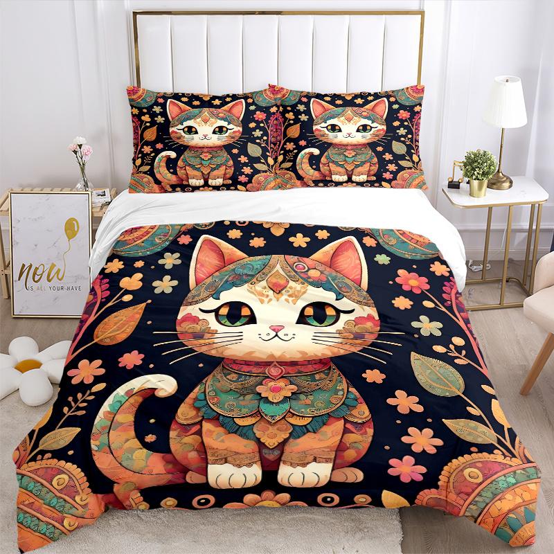 3pcs Ancient Cat Art Printed Bedding Set, Soft and Comfortable Quilt Cover for Bedroom, Guest Room (1 Duvet Cover + 2 Pillowcases, Pillow Co