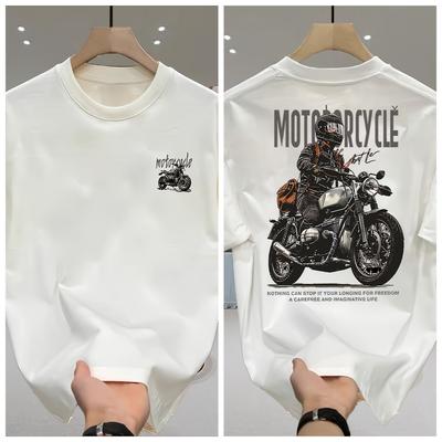 Mens Heavyweight 100 Pure Cotton Retro Motorcycle Pattern Tshirt Breathable Round Neck Short Sleeved Casual Summer Tshirt