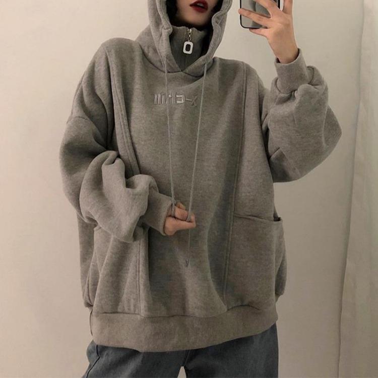 Fashion Plus Size Women's Hooded Sweatshirt Casual Loose Fleece Pullover Fake Two Pieces Top