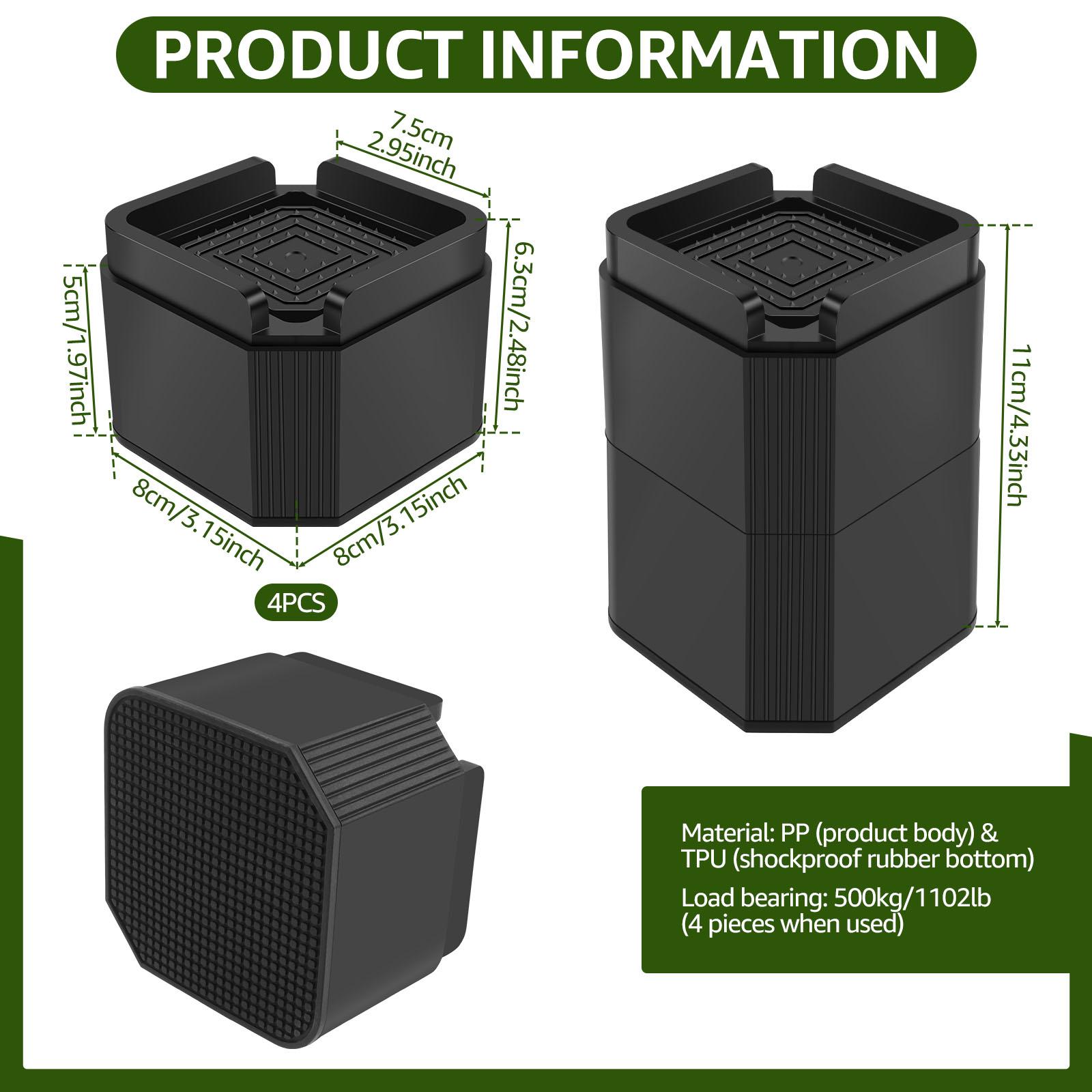 

4Pcs Furniture Riser Stackable Bed Chair Table Heightening Foot Pad with Nonslip Base Enduring Stable Desk Leg Raising Block