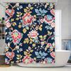 Luxurious Floral Shower Curtain Dark Blue Background with Pink White Flowers Pattern Modern Bathroom Decor Waterproof Fabric for