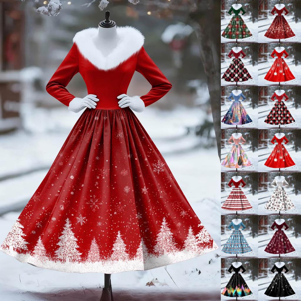 Women's Casual Dress Long-Sleeve V-Neck Patchwork Fleece Christmas Print Dress