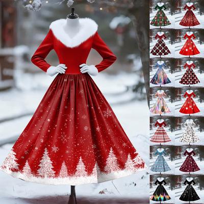 Damen Freizeitkleid Langarm V-Ausschnitt Patchwork Fleece Weihnachtsprint Kleid