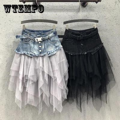 Asymmetrische Denim-Tüllröcke für Damen, hohe Taille, mittellanger Netz-Faltenrock, Y2K-Gothic-Tutu-Röcke mit Taschengürtel