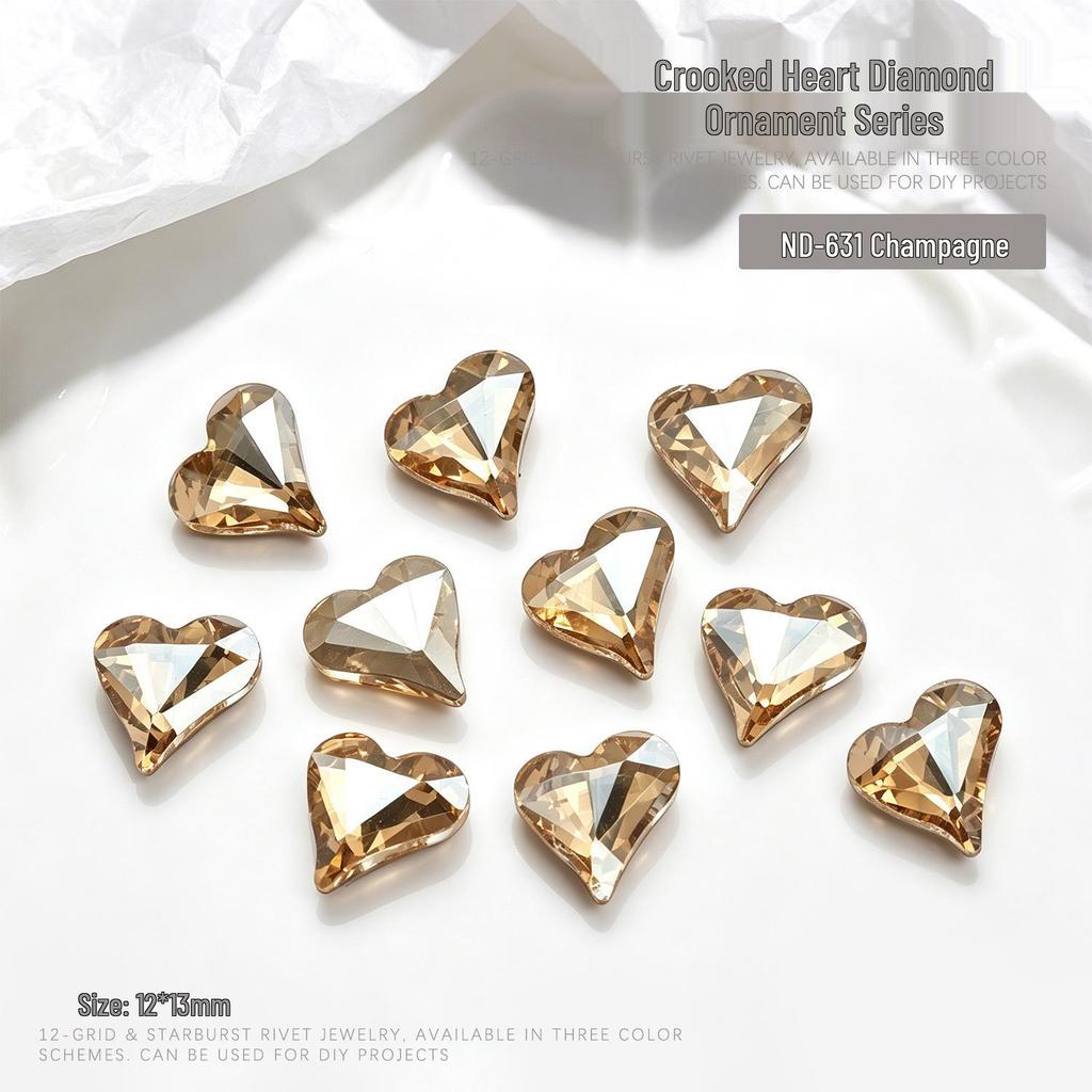 "10-Piece Heart-Shaped Nail Art Accessories with Pointed Bottom Transparent and Colorful Diamonds"
