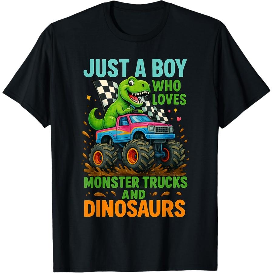 Just A Boy Who Loves Monster Trucks and Dinosaurs Cute T-Rex T-Shirt XXXXXL чёрный