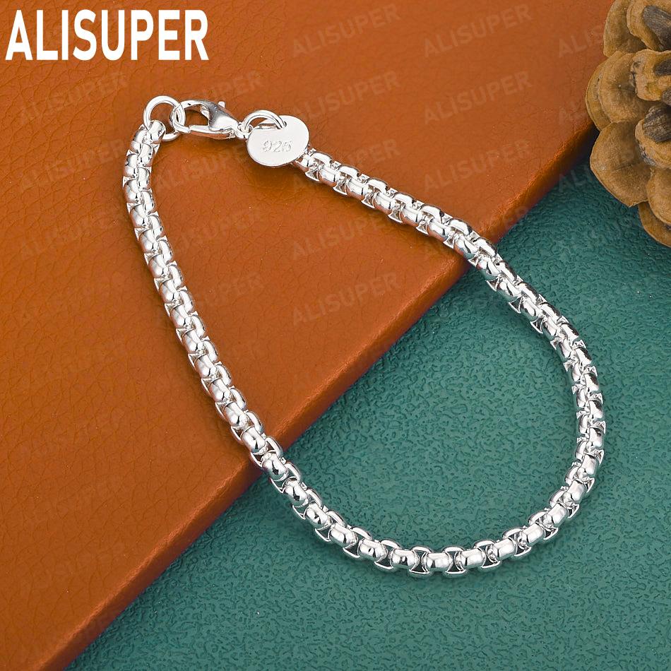 925 Sterling Silver 4mm Side Chain Fashion Bracelet Gift Jewelry 20CM