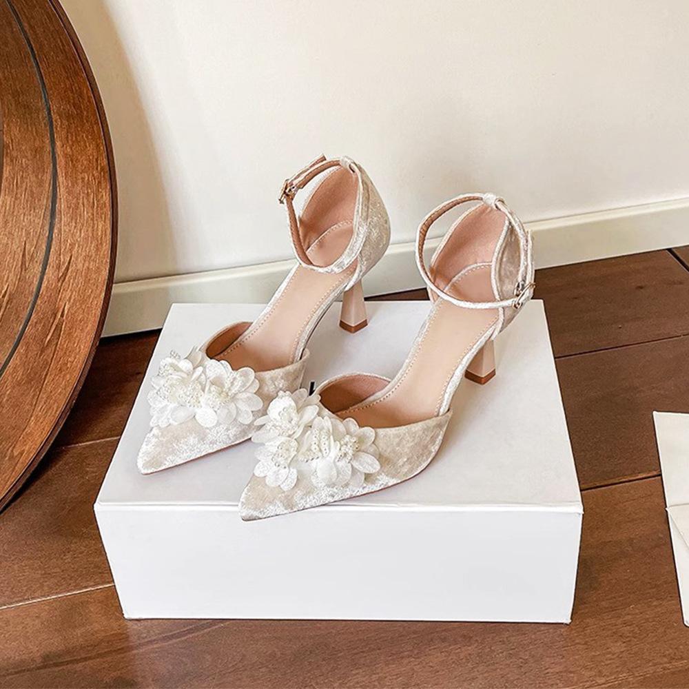 Fairy with skirt, rhinestone bow, bag head sandals, female summer can't drop the heel, one-word buckle, hollow apricot high heels