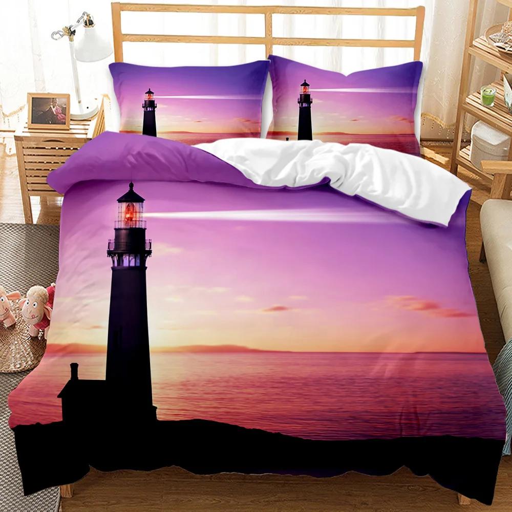 Lighthouse Duvet Cover Ocean Comforter Cover Nautical Quilt Cover Sunset Nature Double Queen King Size Polyester Bedding Set